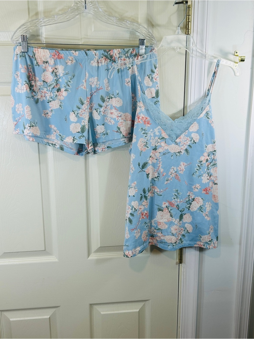Floral Lace-Trim Sleep Cami & Shorts Set, Light Blue